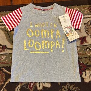 Mini Boden Gray Tee with Red Striped Sleeves and Gold Print